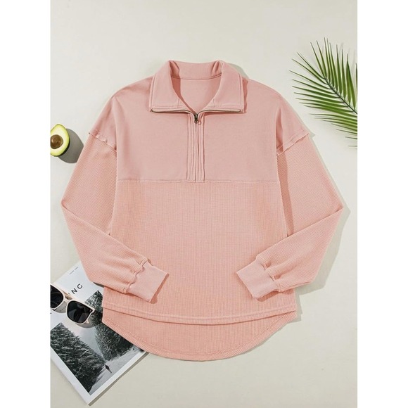 Shewin Sweaters - Shewin Women's Waffle Knit Pullover 3X Pink Half Zip Cozy Casual Lounge Plus